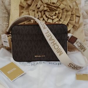Michael Kors Brown Logo Crossbody with Cream Logo Strap Authentic NEW WITH TAG